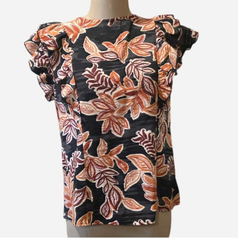 *NWT* Good Luck Gem Black Floral Ruffle-Sleeve Blouse w/ Orange Leaf Print. Sz S